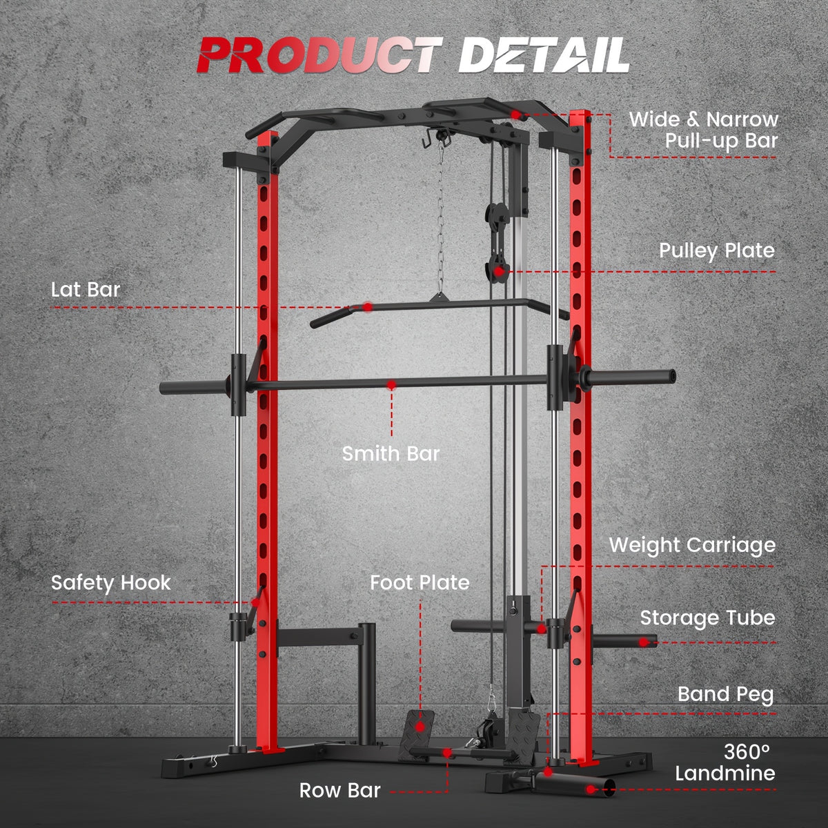 Likein Smith Machine Power Rack with LAT-Pull Down System & Cable Machine, Multi-Function Power Cage with Landmine, Barbell Bar, Plate Storage Pegs And More Training Attachment Squat Rack