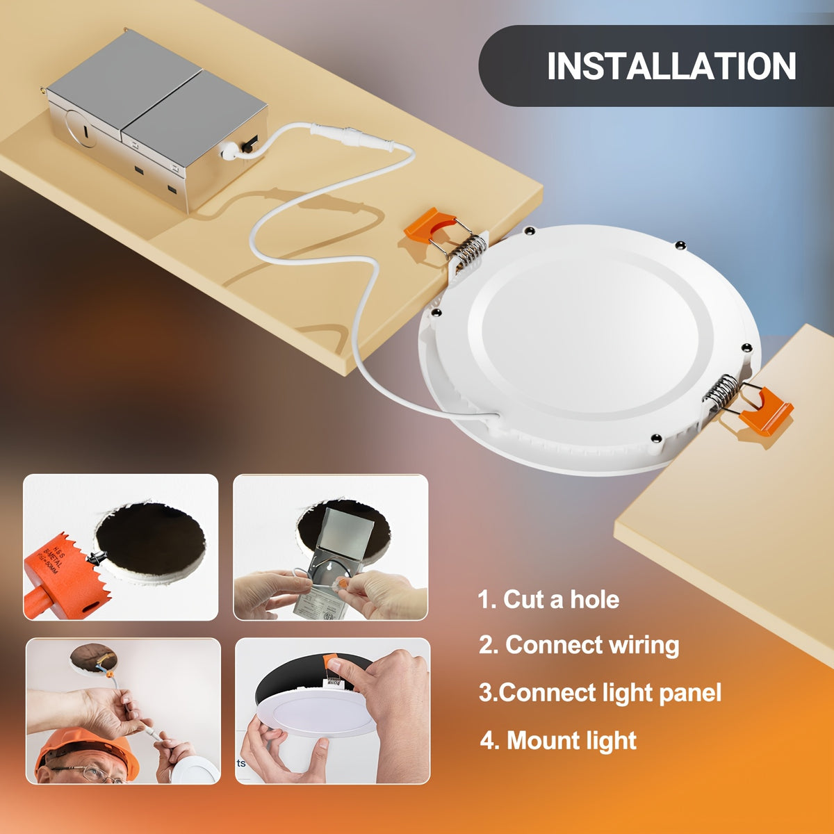 24/72-Pack 6-Inch 5CCT Ultra-Thin LED Recessed Ceiling Light with Junction Box, 2700K/ 3000K/ 3500K/ 4000K/ 5000K Optional, 1050LM Brightness, Dimmable Slotless Wafer Downlight, 12W Is Equivalent to 110W And Is Suitable for Ceiling Lighting