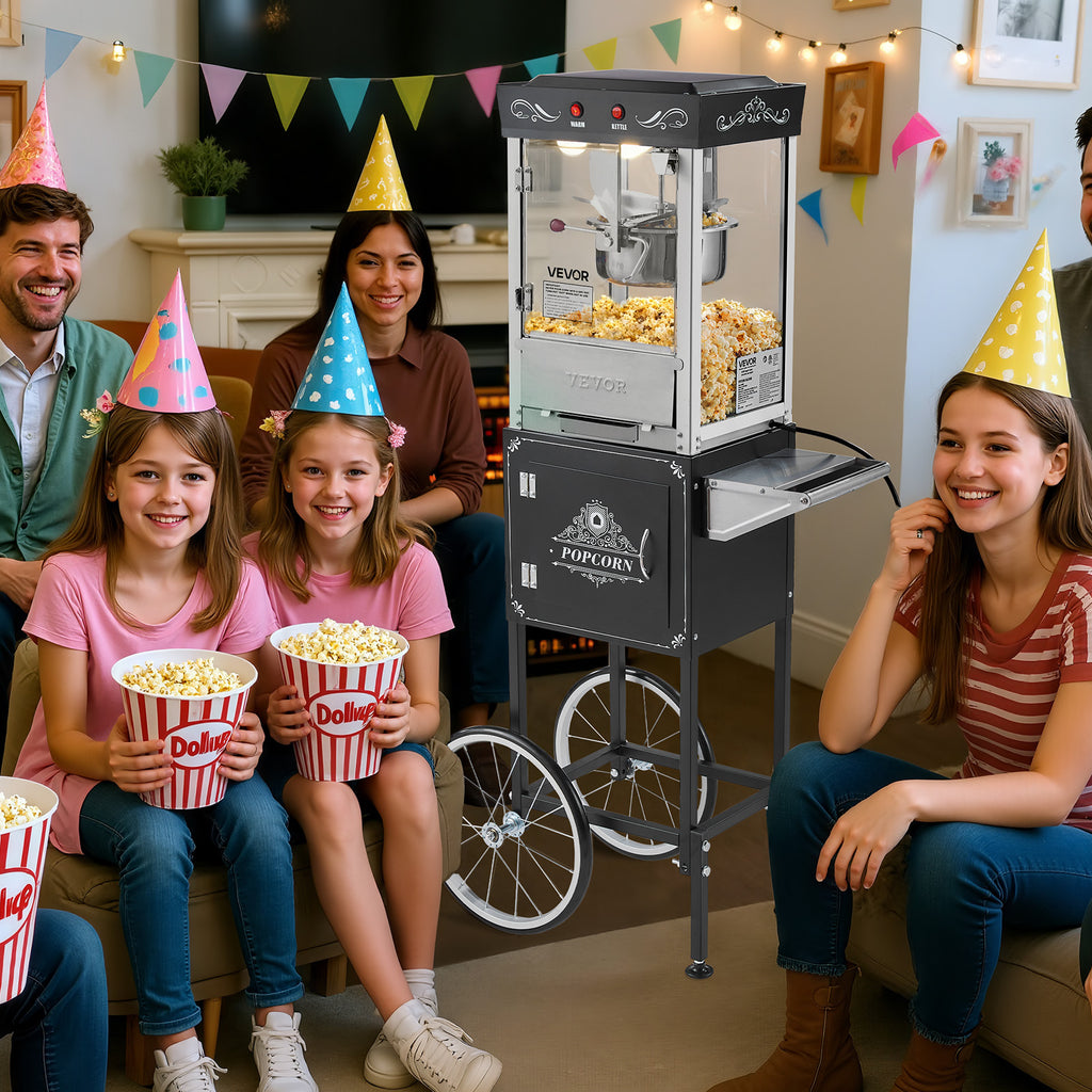 VEVOR Popcorn Machine with Cart Popcorn Popper Maker 800W 8oz Kettle 48 Cups Black/ Red/ White