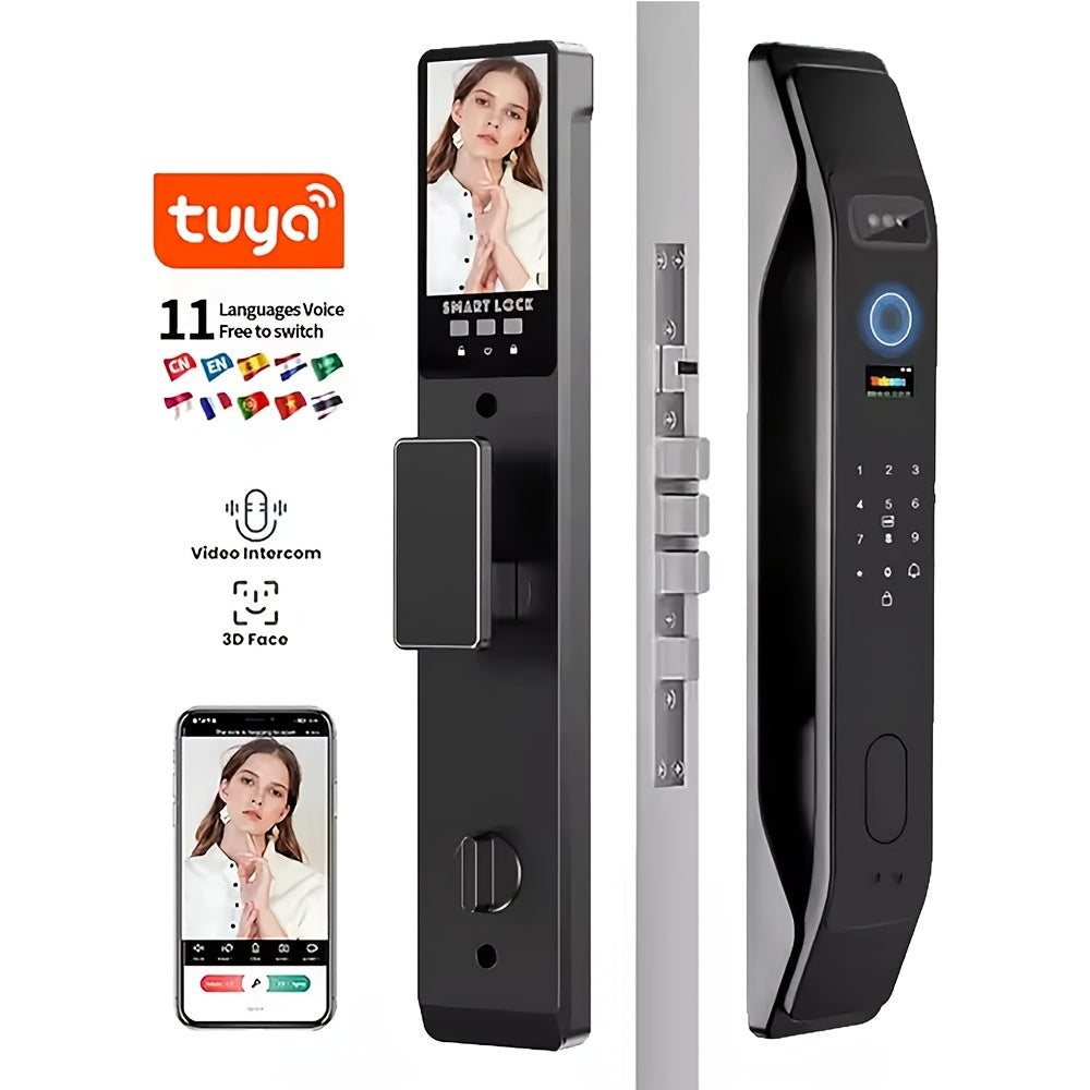 Modern AI Smart Lock with 3D Facial & Fingerprint/Palm Vein Biometric Entry, Keyless Door Lock Suitable for Home/Office, Remote Video Intercom System, Mobile App, Password/Key Entry, Smart Door Lock for Apartments