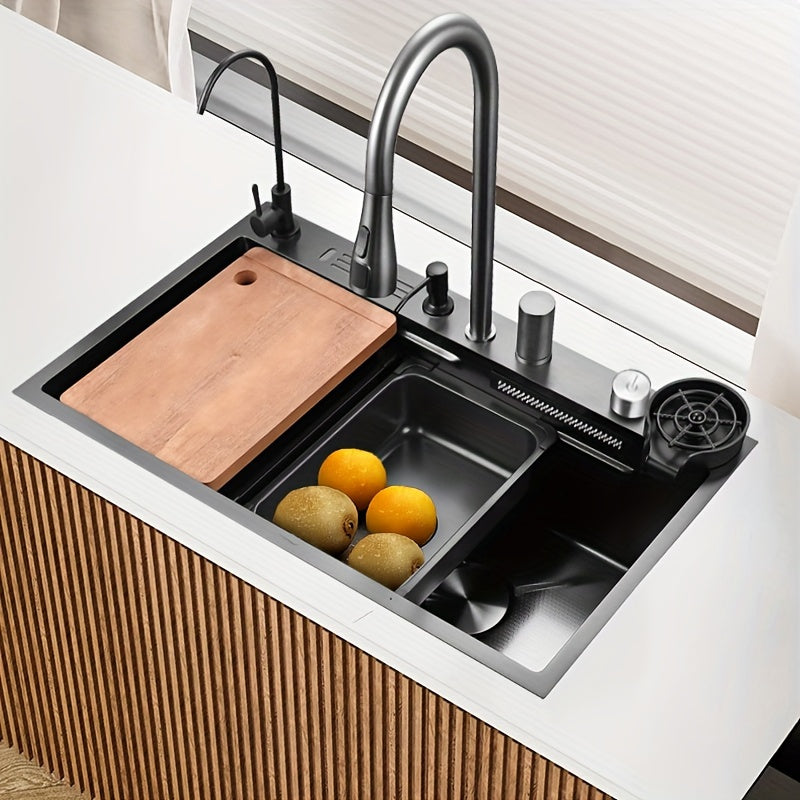 Elegant Stainless Steel Rectangular Kitchen Sink with Digital Display Faucet and Right Drainage Position - 22cm/8. 7in X 46cm/18. 1in