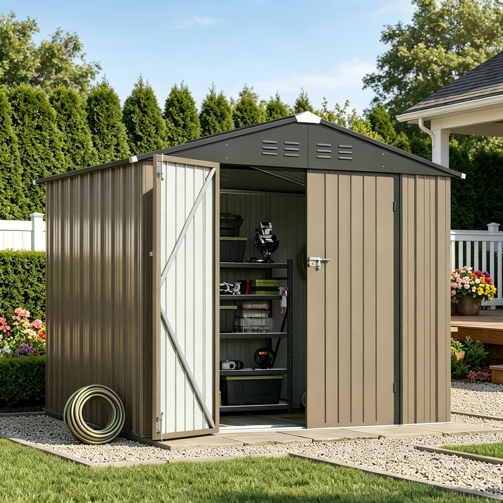 [Garden Storage Shed] GUNJI 5X3 FT And 6X4 FT And 8X6 FT Garden Storage Shed with Base Foundation, Heavy Duty Galvanized Steel Weatherproof Outdoor Tool Shed for Backyard Patio Lawn, Rust Resistant Lockable Door Tool House for Gardening Equipment Bike Sto