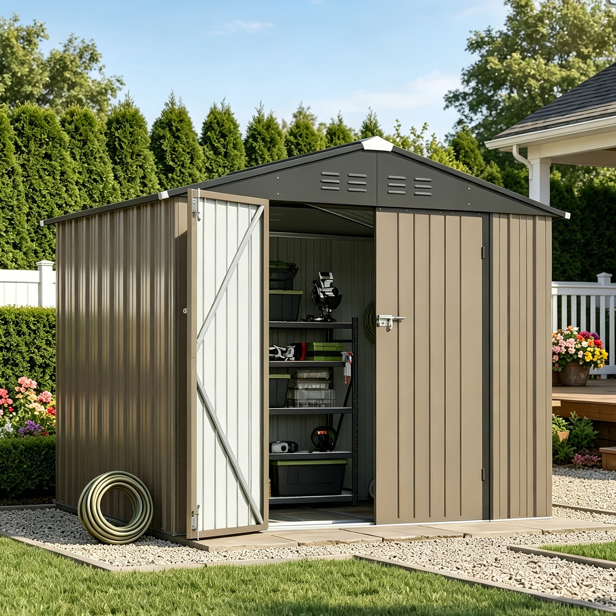 [Garden Storage Shed] GUNJI 5X3 FT And 6X4 FT And 8X6 FT Garden Storage Shed with Base Foundation, Heavy Duty Galvanized Steel Weatherproof Outdoor Tool Shed for Backyard Patio Lawn, Rust Resistant Lockable Door Tool House for Gardening Equipment Bike Sto