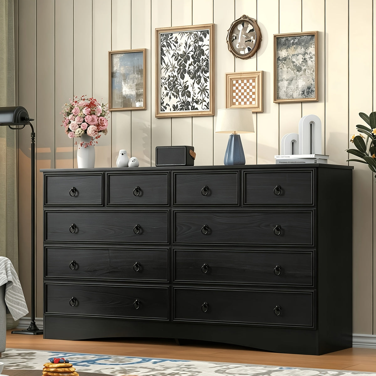 Prompt Taupe Grey/ Cherry Dresser For Bedroom, 10 Drawer Dresser, Modern Large Floor Storage Cabinet With Metal Sliding Rail, Vintage Handle Drawer Cabinet, Large Capacity Vertical Dressers For Home & Office