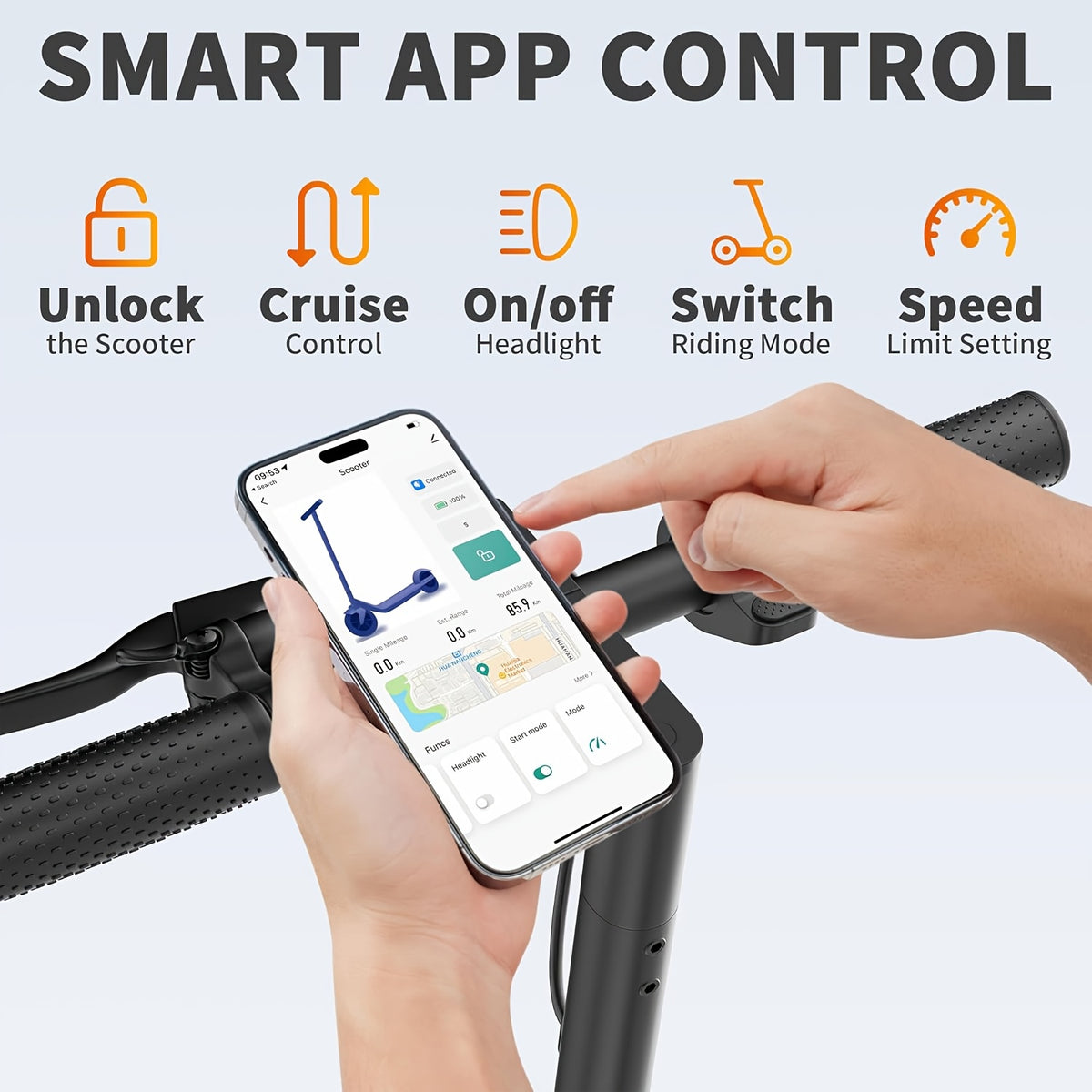 Long Distance Folding Adult Electric Scooter, 350W Motor, 8.5 Inch Anti-Slip Solid Tires, Smart APP& LCD Dashboard, 3 Adjustable Speeds, Dual Safe Brakes, LED Headlight Taillight, Built-in Bell, Aluminum Alloy Body, 265 LBS Load, Low Maintenance
