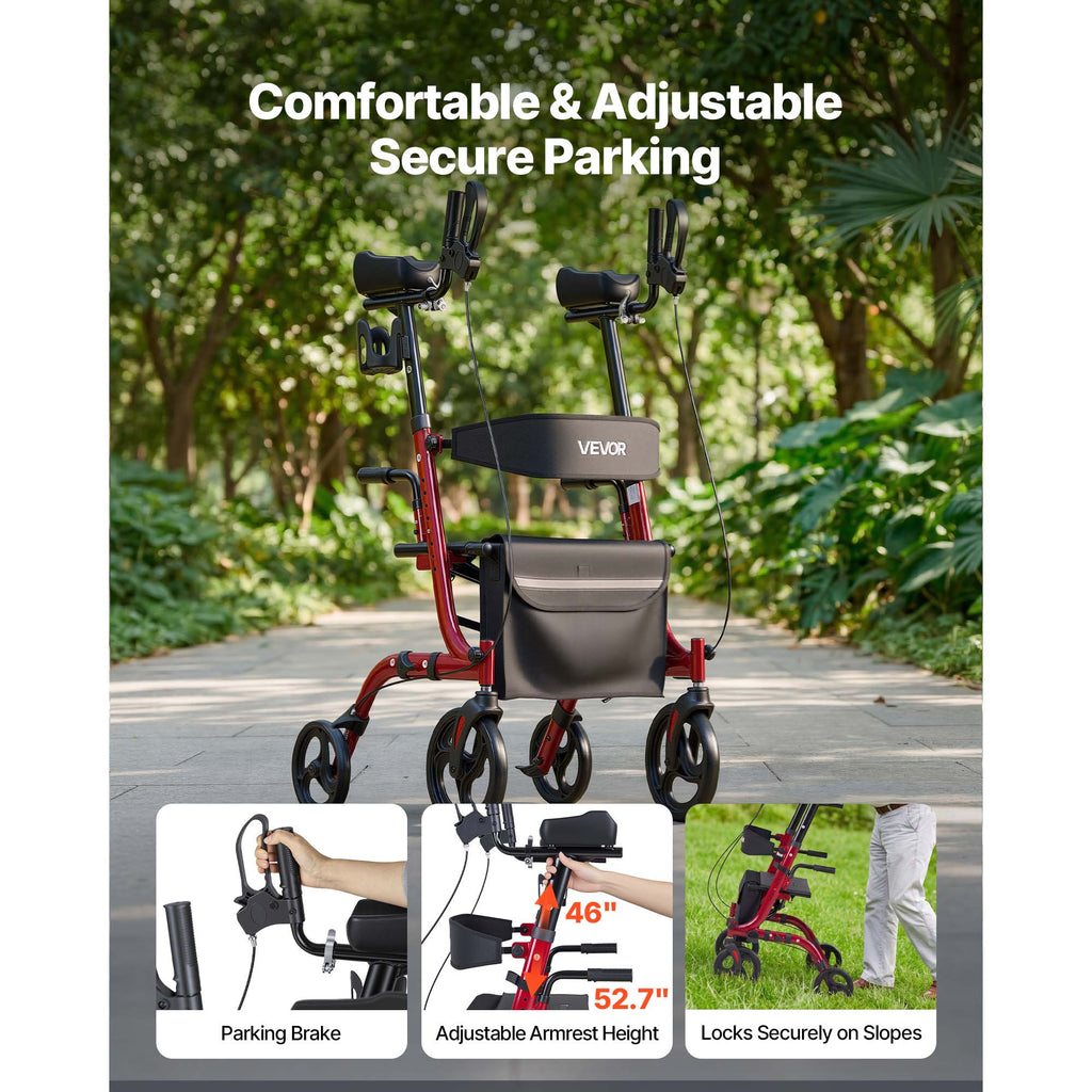 VEVOR Rollator Walker with Seat for Seniors, Foldable Rolling Walker, Lightweight Aluminum Mobility Walking Aid with PVC Solid Wheels, Adjustable Handle, Storage Bag, Cup/Cane Holder - Supports 300LBS