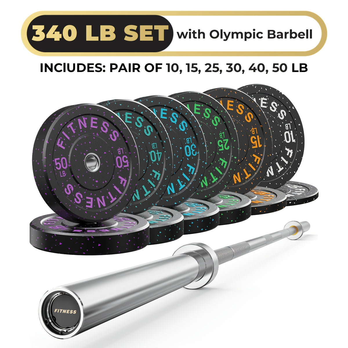 Rubber Bumper Plates with 7ft Barbell, 70LB to 410LB Heavy Duty Weight Plates + 2-Inch Barbell Combo, Bumper Plates with Steel Hub, Home Gym Strength Training for Deadlift Squat Bench Press, 1 Barbell Per Set