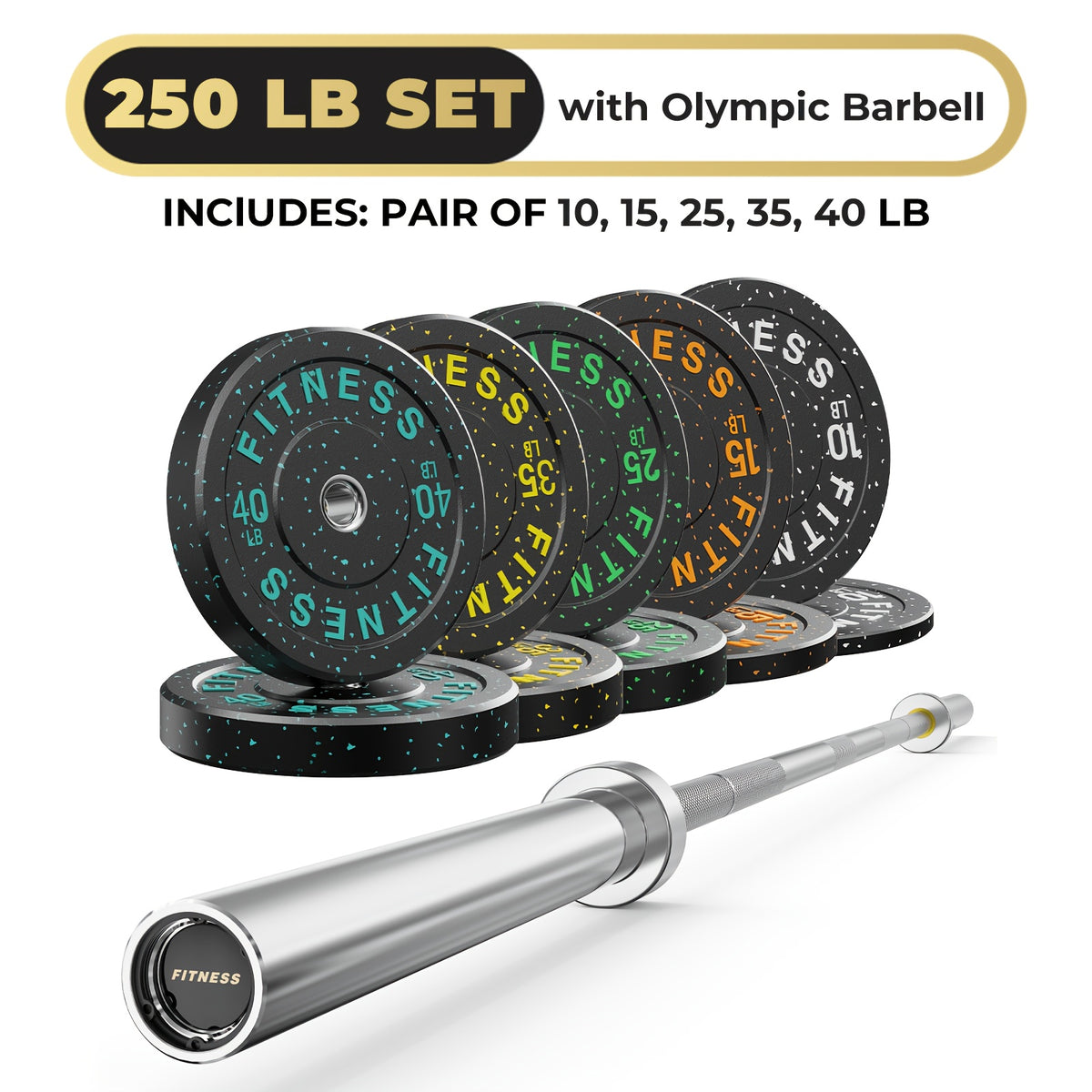 Rubber Bumper Plates with 7ft Barbell, 70LB to 410LB Heavy Duty Weight Plates + 2-Inch Barbell Combo, Bumper Plates with Steel Hub, Home Gym Strength Training for Deadlift Squat Bench Press, 1 Barbell Per Set
