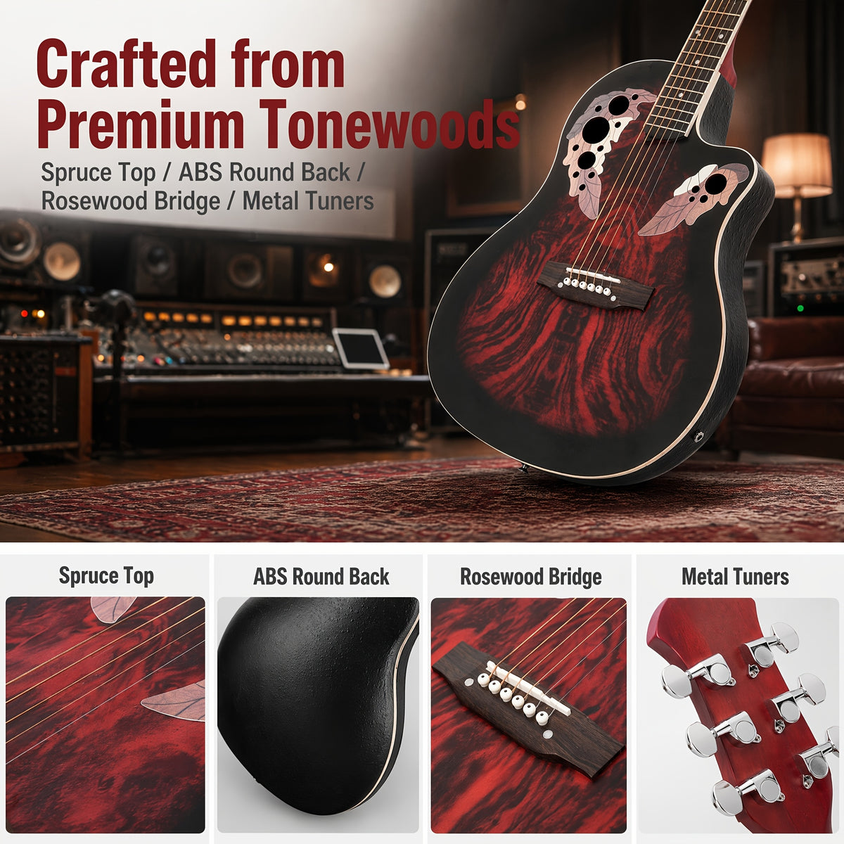 [Ideal Gift] 41-Inch Full-Size Guitar With Grape-Shaped Soundhole, Spruce Top, And Mahogany Fingerboard - Sunset Red Finish, Enhanced Tone And Playability, Suitable For All Music Styles, Ideal For Beginners And Guitarists. The Perfect Gift