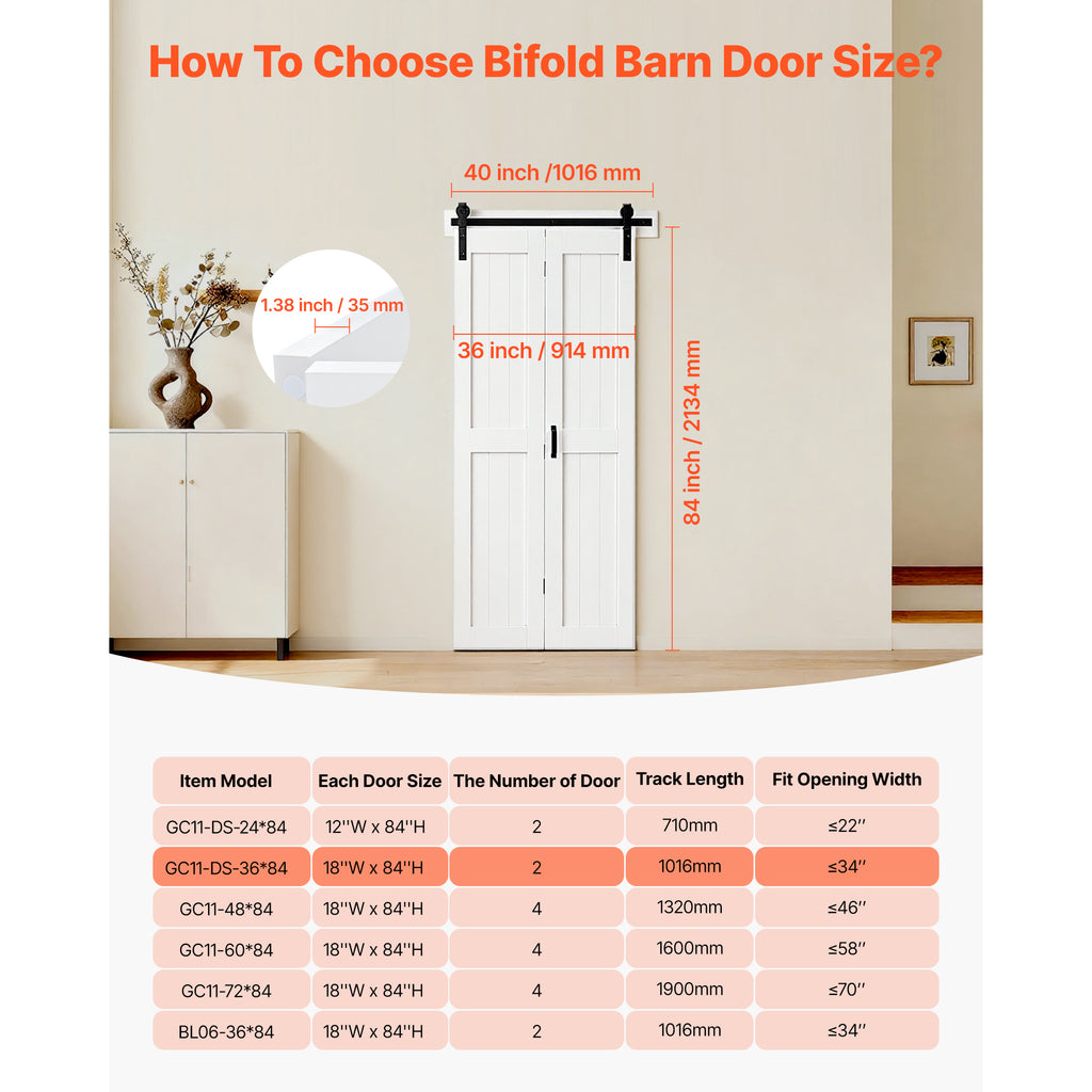 VEVOR Bifold Barn Door, 24" x 84"/36" x 84", MDF Bi-Fold Sliding Closet Doors, Hardware Kit Included, H-Frame Space-Saving Design, Need to Assemble, for Bedroom, Living Room, Wardrobe and Room Divider, White