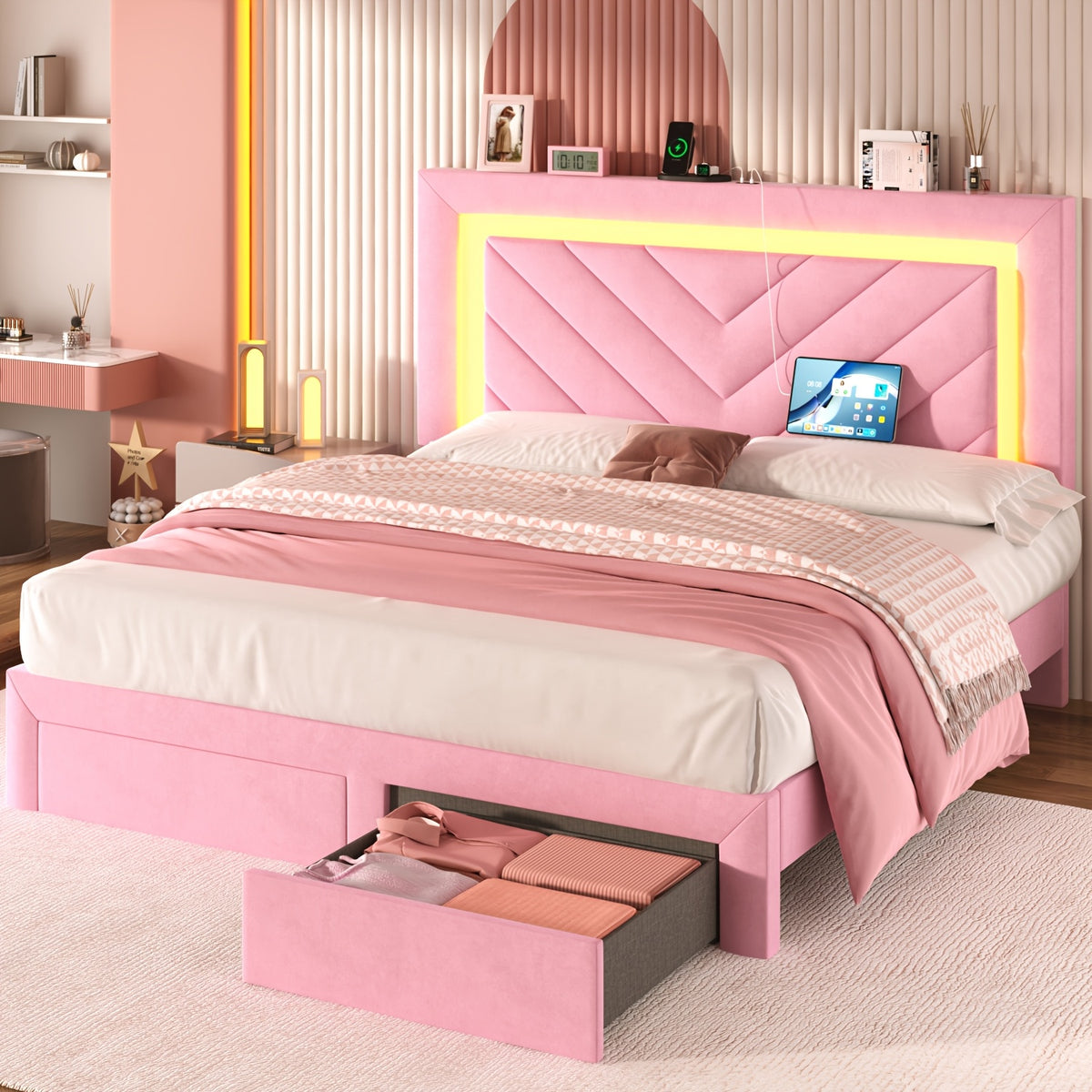 Pink Bed Frame with LED Headboard and Charging Station, 2 Storage Drawers, No Box Spring Needed, Noise Free