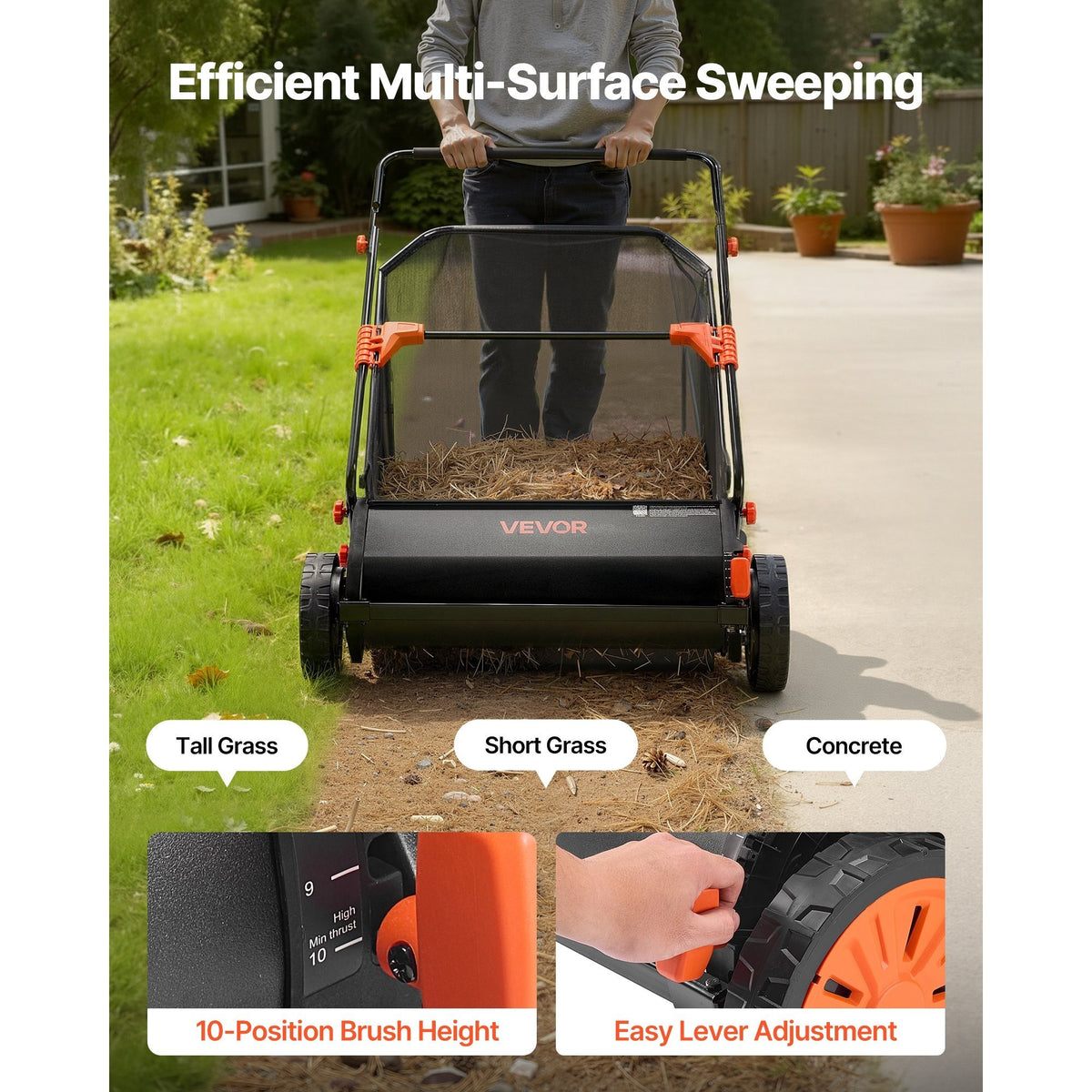 VEVOR Push Lawn Sweeper, 30 in Leaf & Grass Collector with 12 cu. ft. Hopper Bag, Adjustable Brush Height & Spinning Brushes, Heavy Duty Yard Sweeper with Rubber Wheels for Leaves Grass Cleanup