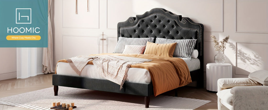HOOMIC Full/Queen/King Size Bed Frame with Adjustable Velvet Tiara Headboard, Upholstered Diamond Button Tufted Platform Bed, Wooden Slats Support, No Box Spring Needed, Easy Assembly, Black