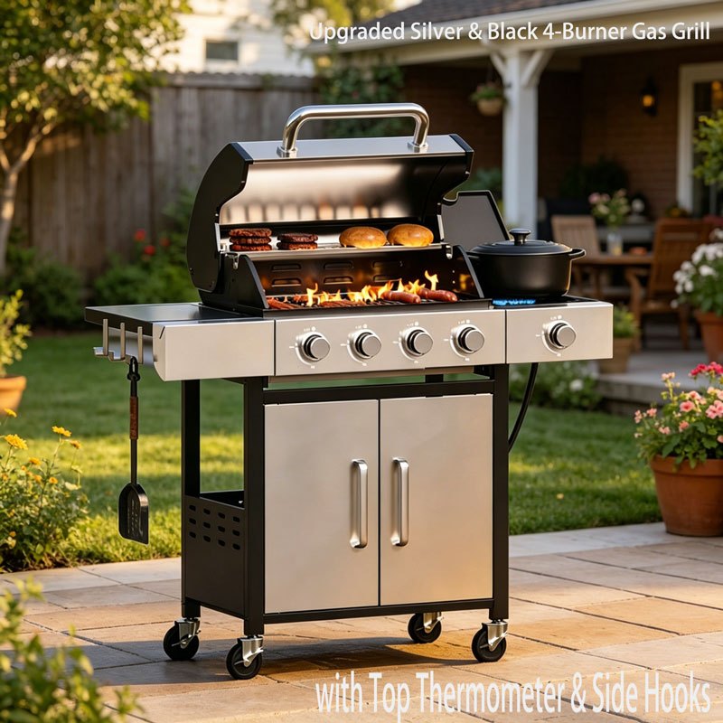 Upgraded 44000-49000 BTU 4-1 Burner Propane Gas Grill with Side Burner, Top thermometer, Outdoor BBQ Grill with Cast Iron Grates & Side Tables, 625 sq.in. Large Grilling Space for Summer Parties, Ideal for Backyard Patio & Camping, Black