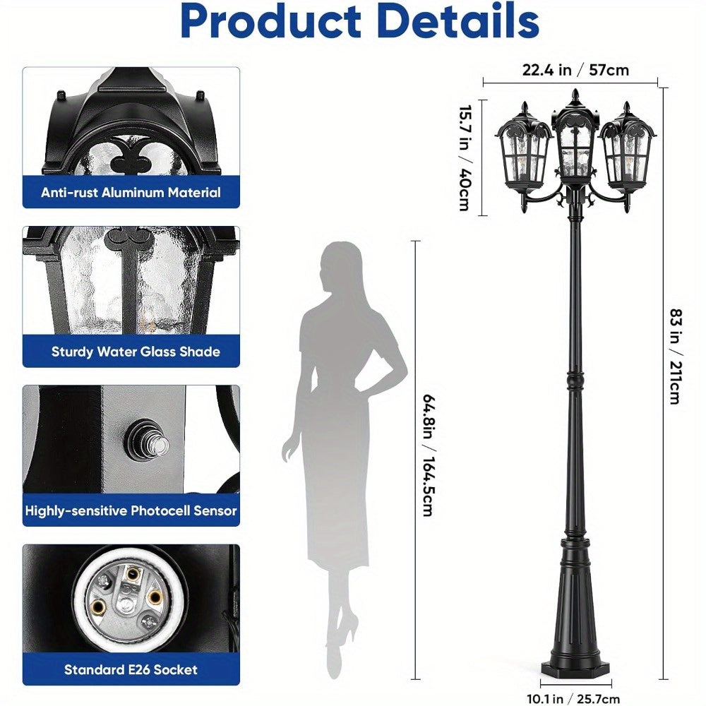 Outdoor Pathway Post Light, 3-Head Dusk-to-Dawn Fixture for Backyard and Garden Lighting Areas
