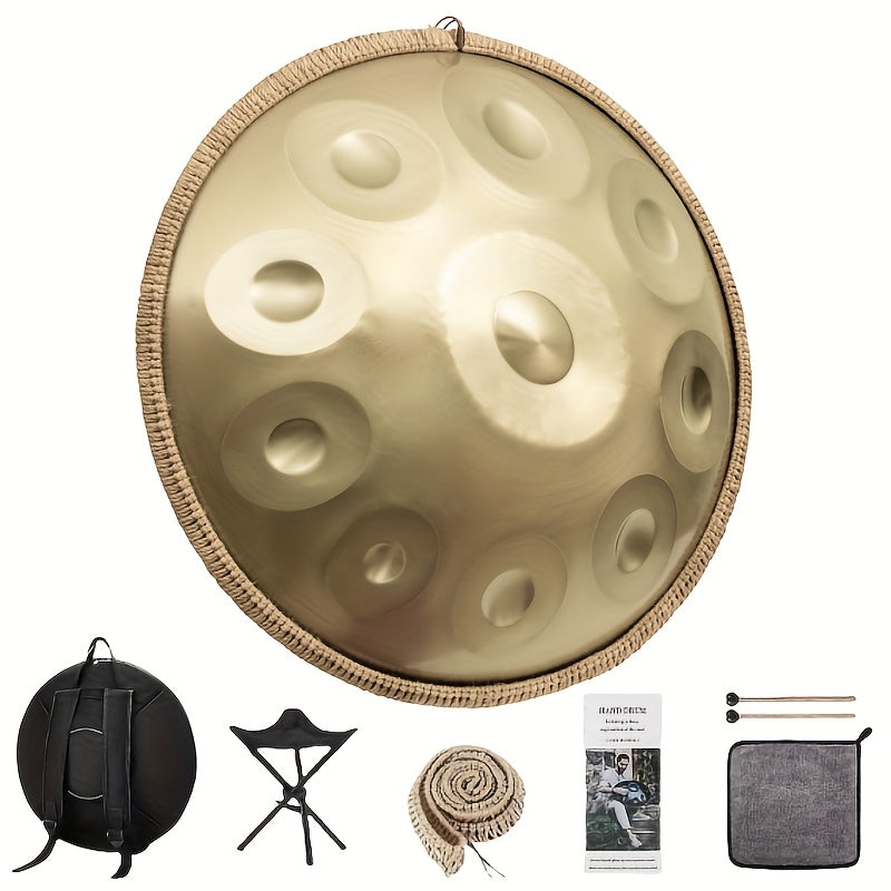 440Hz 10 Notes Handpan Drum, 22 Inch D Minor Kurd Hand Drum Instrument with Drum Bag, Dust-Free Cloth, Mallets, Stand, Sound Stickers for Adults Beginners, for Meditation, Music Therapy & Live Performances, Premium Steel
