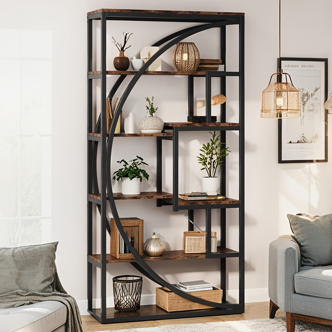 70.8" Rustic Brown Wooden Bookshelf - Industrial 5-Tier Open Shelf Bookcase, 8-Shelf Tall Etagere for Home Office & Living Room, Heavy Duty Display Shelf for Books & Decor