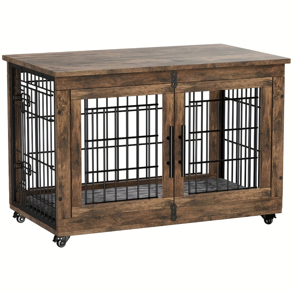 43/36/29/27in Furniture-style Wooden Dog Crate with Anti-Slip Mat, Adjustable Door, Secure Lock, Available In Gray/Brown, Easy to Move with Wheels Or Stable with Anti-Slip Foot Pads, Easy to Clean Pet Cage, Ideal for Home, Living Room Or Bedroom
