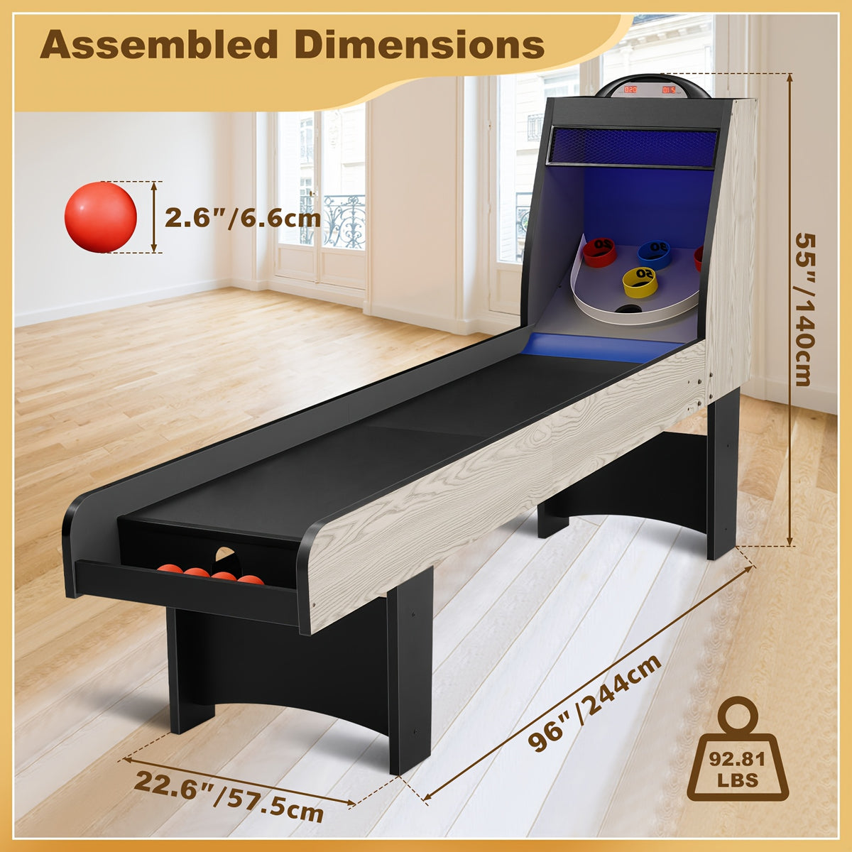 8FT Roll And Score Arcade Game Table, Skee Ball Game for Home Game Room, Arcade Machine W/ LED Light, Scoring Rings, 4 Balls And LED Scoring System