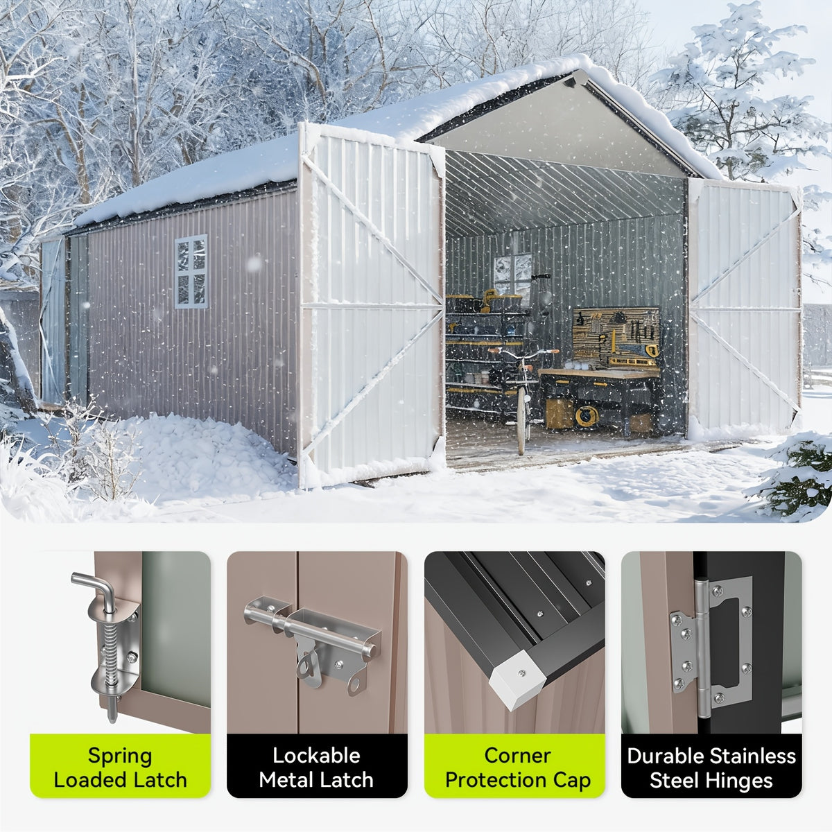 12x20x9.3/12x14/6x4ft Metal Storage Shed - Outdoor Garden Shed Kit, Lockable Tool Shed, Backyard Shed with Double Hinged Doors, 4 Windows, Carport for Car, Truck, Bike and Lawn Mower & Equipment, Brown