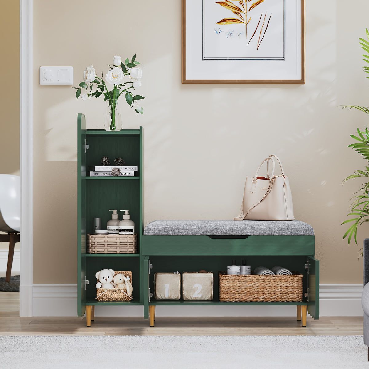 Shoe Organizer Cabinet, Entryway Bench With Adjustable Shelves And Cushioned Seat, Unique L-Shaped Bench Cabinet For Entryway