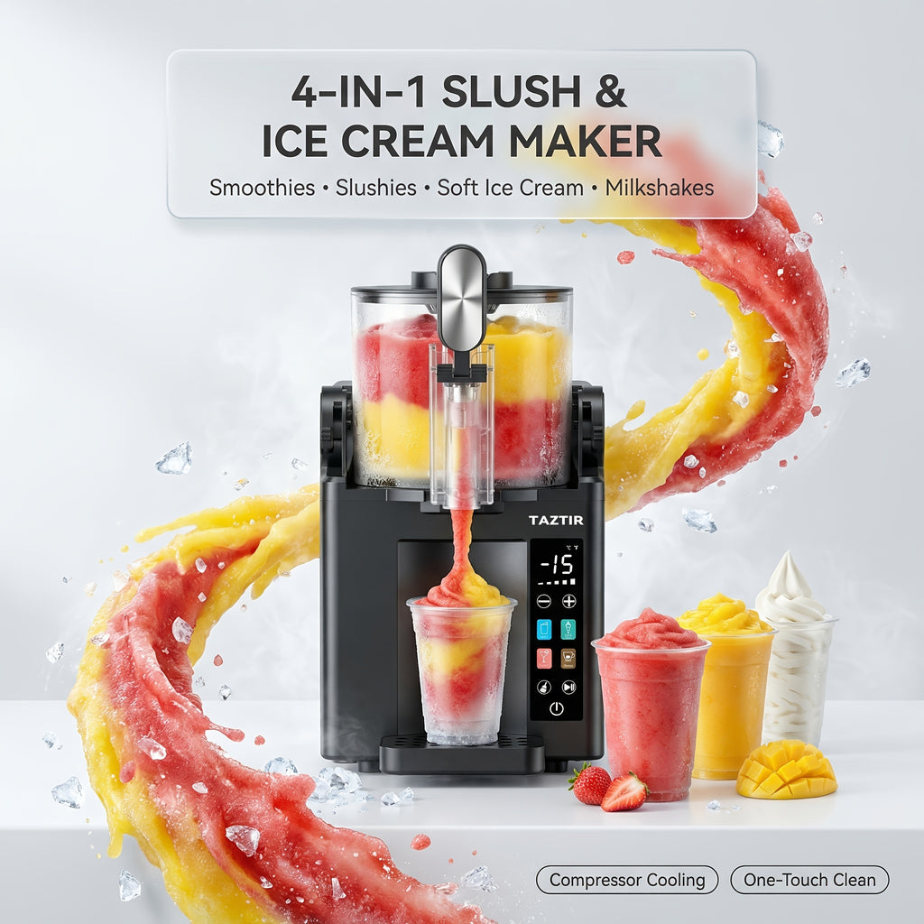 4-In-1 Slushy Machine for Home Party, -15°C Rapid Freeze, 9-Min First Slush, No Ice Needed Frozen Drink & Ice Cream Maker with Smoothie, Milkshake & Margarita Presets, Iced Tea Maker