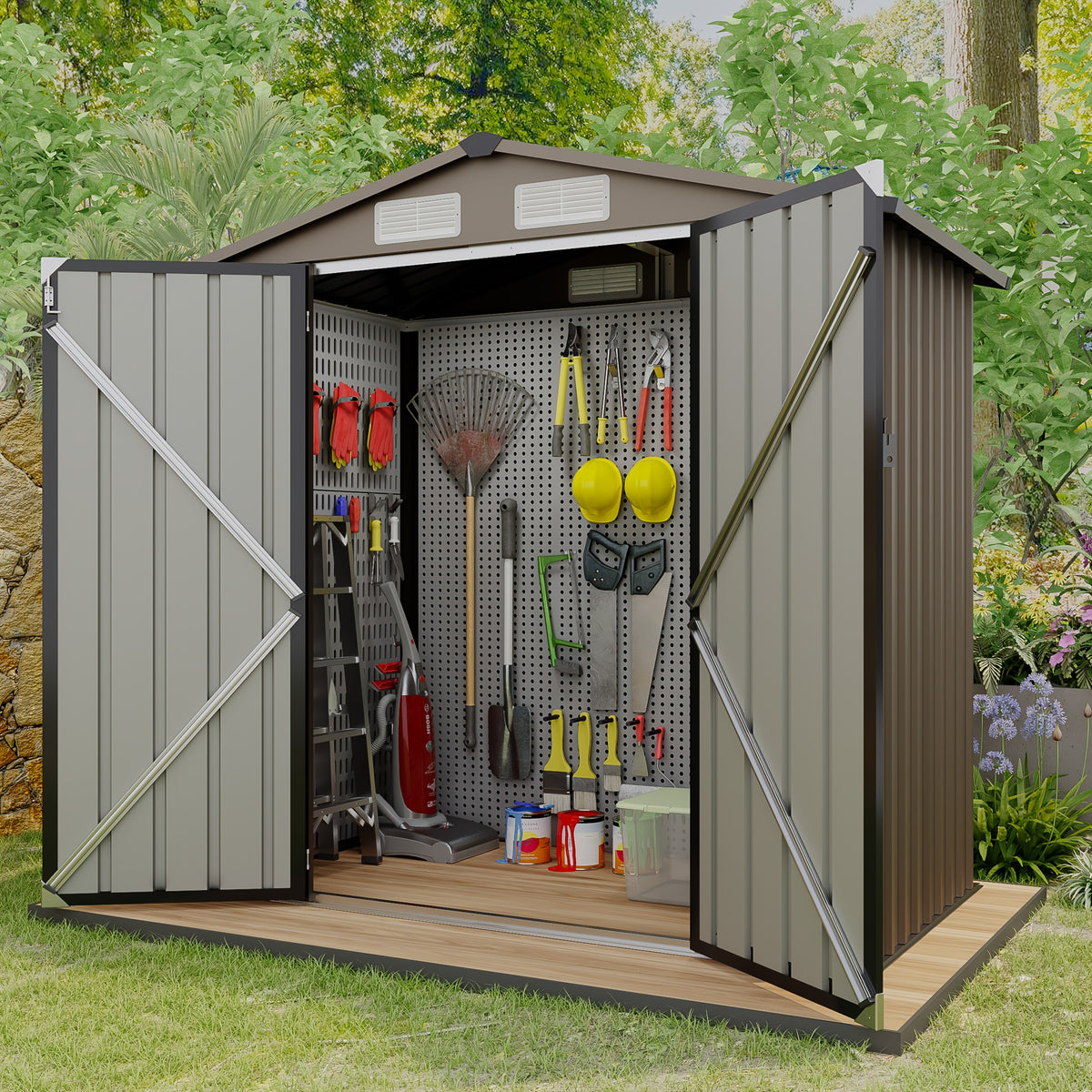 6X4Ft Patio Outdoor Storage Shed with Double Sloping Roof Design, Rain And Sun Protection And Wind Protection, Lockable Door for Bicycles, Power Tools, Farm Tools And Other Sundries, Four Vents