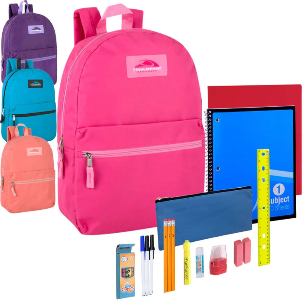 24 Pack of 17”L Classic Traditional Color Backpacks with 20 Piece Stationary Kits Containing 1 Notebook, 1 Folder, 3 Pencils, 3 Pens, 1 Pencil Sharpener, 2 Erasers & More!