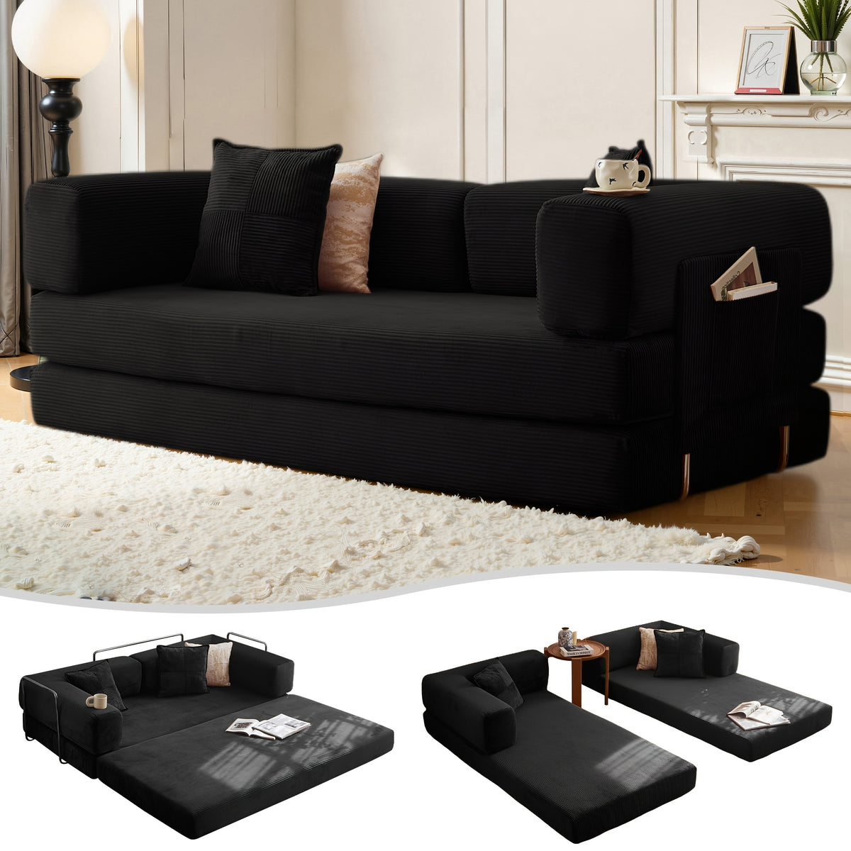 Convertible Floor Sofa Bed, Memory Foam Seating and Folding Armrests for Apartments and Guest Rooms