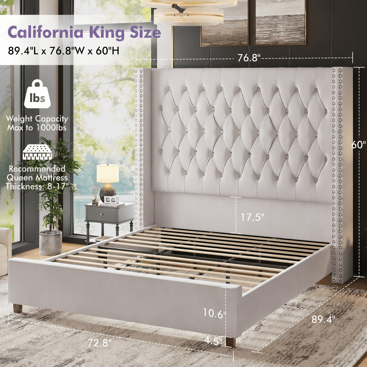 LUXOAK 60 Inch Tall Velvet Bed Frame With Tufted Wingback Headboard, Solid Wood Legs And Slat Support, No Box Spring Needed