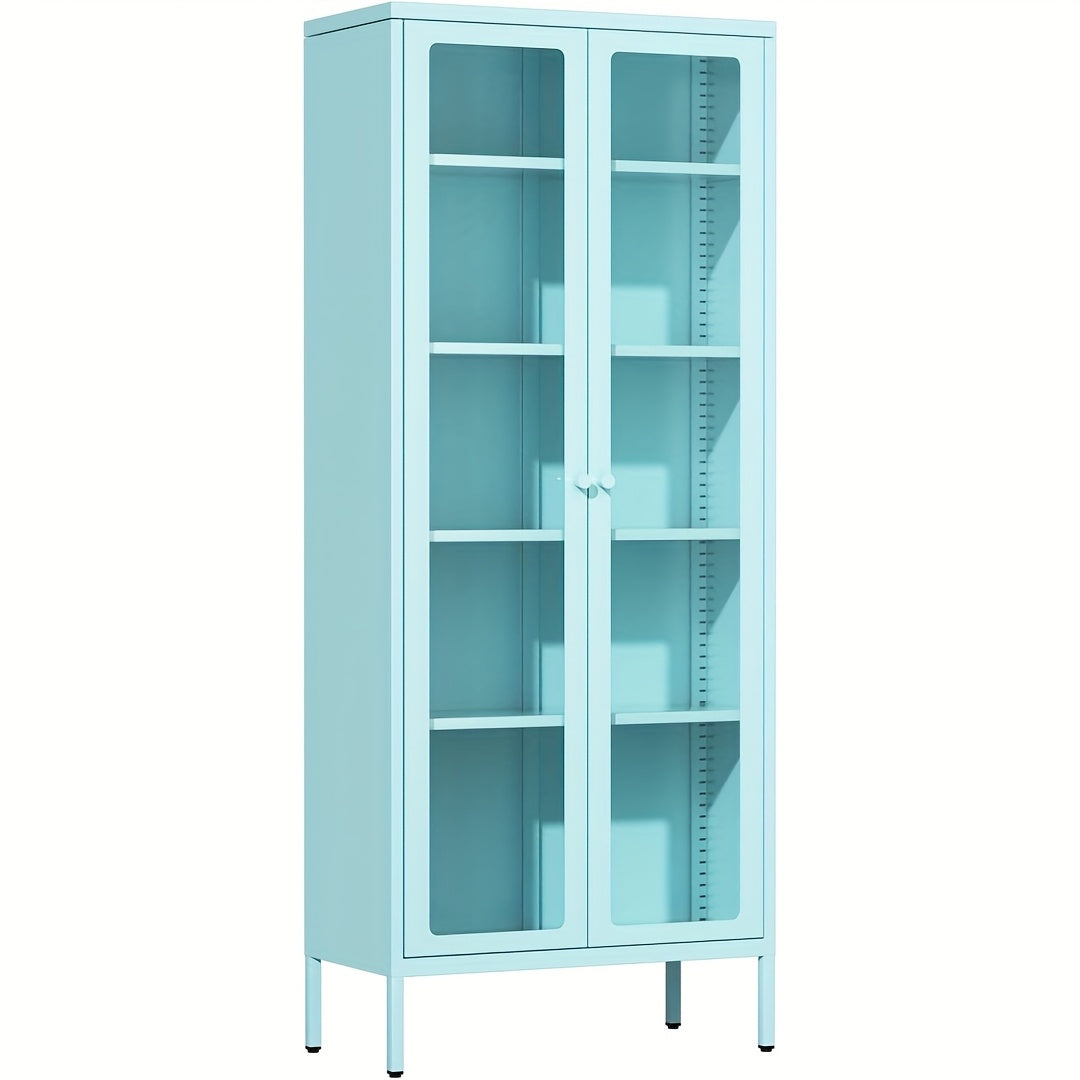 Metal Glass Display Cabinet With Five-Tier Storage Shelves Tall Glass-Door Display Cabinet Steel Storage Cabinet Display Unit Ideal For Home Offices And Living Rooms (Blue/Pink/White/Black)