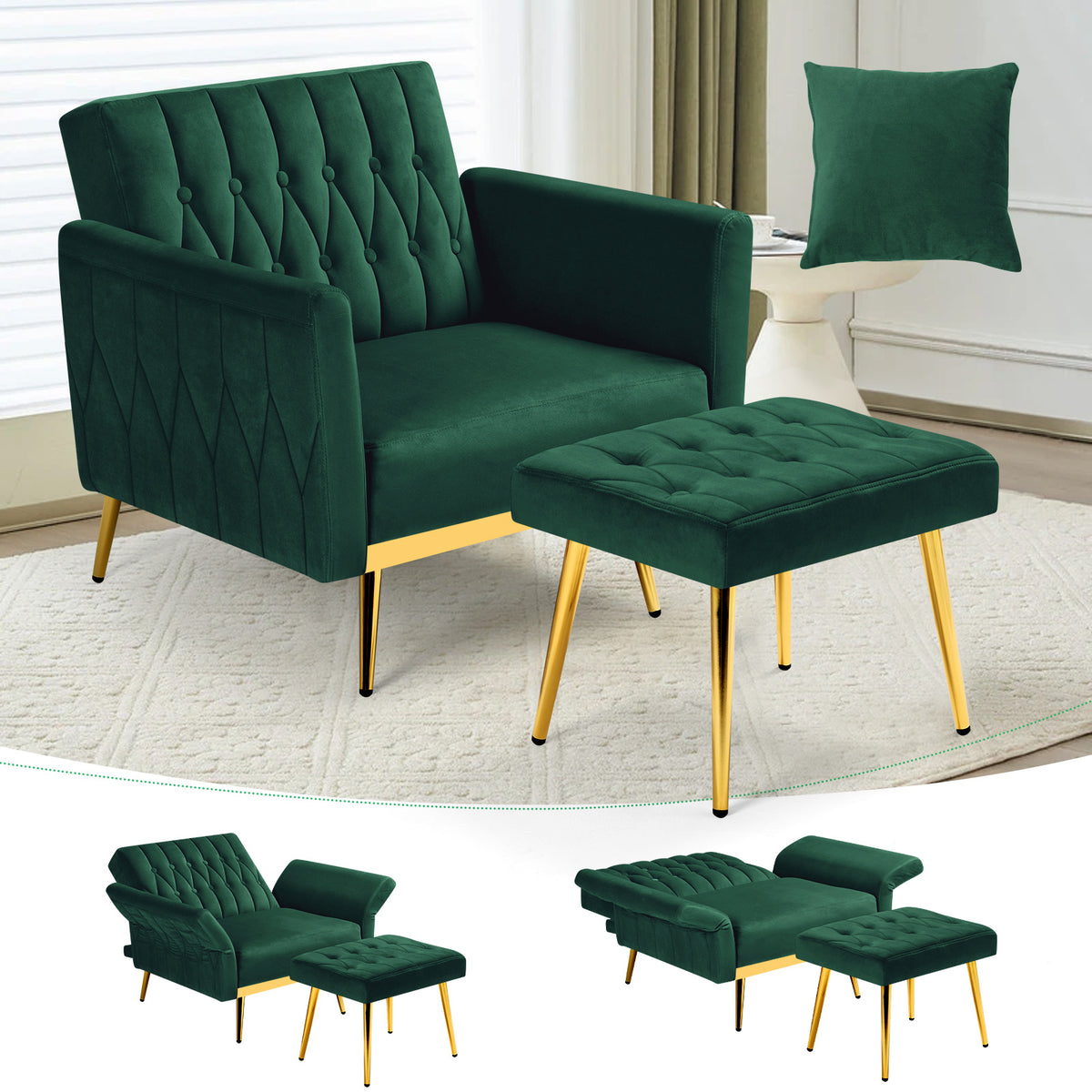 ACMEASE 31.5 Inch Velvet Adjustable Accent Chair with Ottoman & Pillow, Tufted Single Sofa Chair with Golden Metal Legs for Living Room