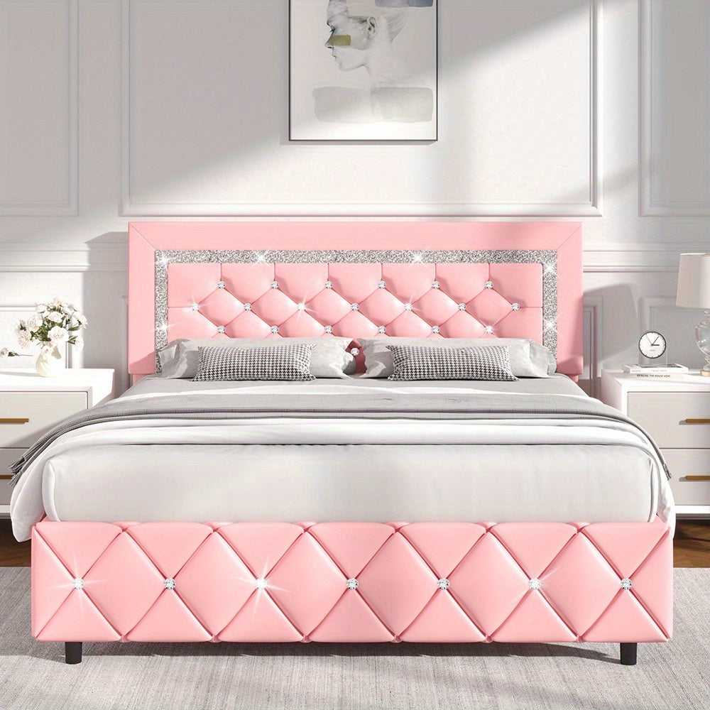 Halloween Twin Full Queen King Upholstered Bed Frame, Diamond Tufted Headboard, Faux Leather Bed Frame With Headboard & Footboard, Wooden Slats Support, No Box Spring Needed, Easy Assembly, Black/White/Pink/Green Christmas