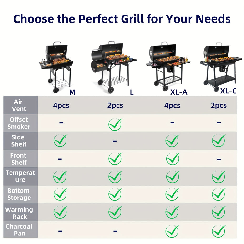Charcoal BBQ Grills Outdoor - Barrel Charcoal Grill with Offset Smoker(Model: L)/ Outdoor BBQ Grill with Side Table(Model:M/XL-A/XL-C)for Backyard, Patio, Parties, Camping, Outdoor Cooking, Large Event Gathering, Black