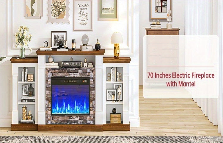 A 70-Inch Television Stand Featuring an Electric Fireplace And Mantel, This Modern Entertainment Unit Provides Open Storage, Remote Control, Adjustable Flames, And LED Lighting, Making It Perfect for Living Rooms And Bedrooms