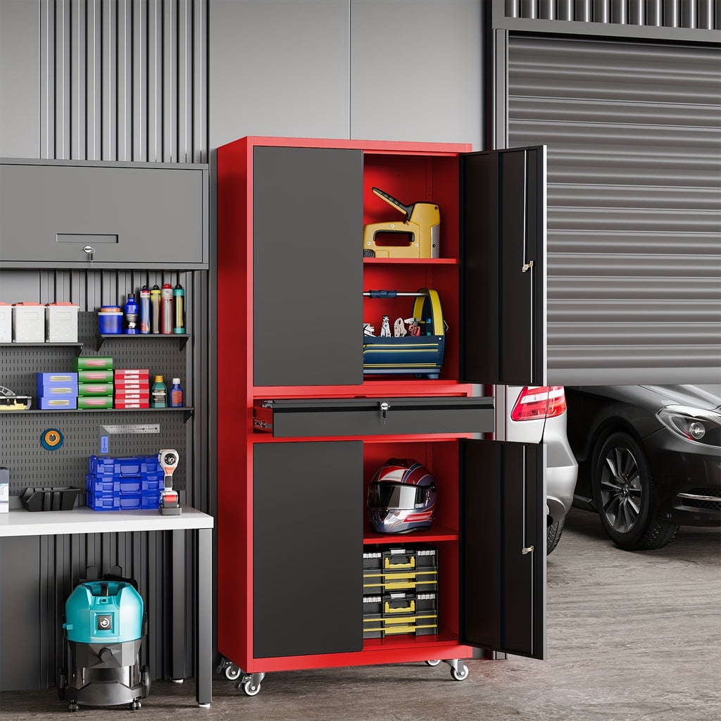 SISESOL Metal Garage Storage Cabinet With Locking Doors And Adjustable Shelves, Rolling Tool Storage Cabinet With 4 Wheels And 1 Drawer - 73" Steel Locking Cabinet For Garage, Warehouse