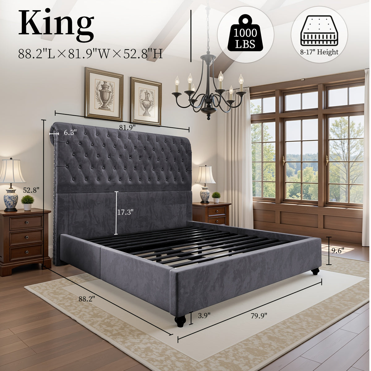 LUXOAK Bed Frame King/Queen Size, Velvet Tall Headboard King Bed Frame with Button Tufted 52.8" Tall Sleigh Headboard, No Box Spring Needed, Easy Assembly