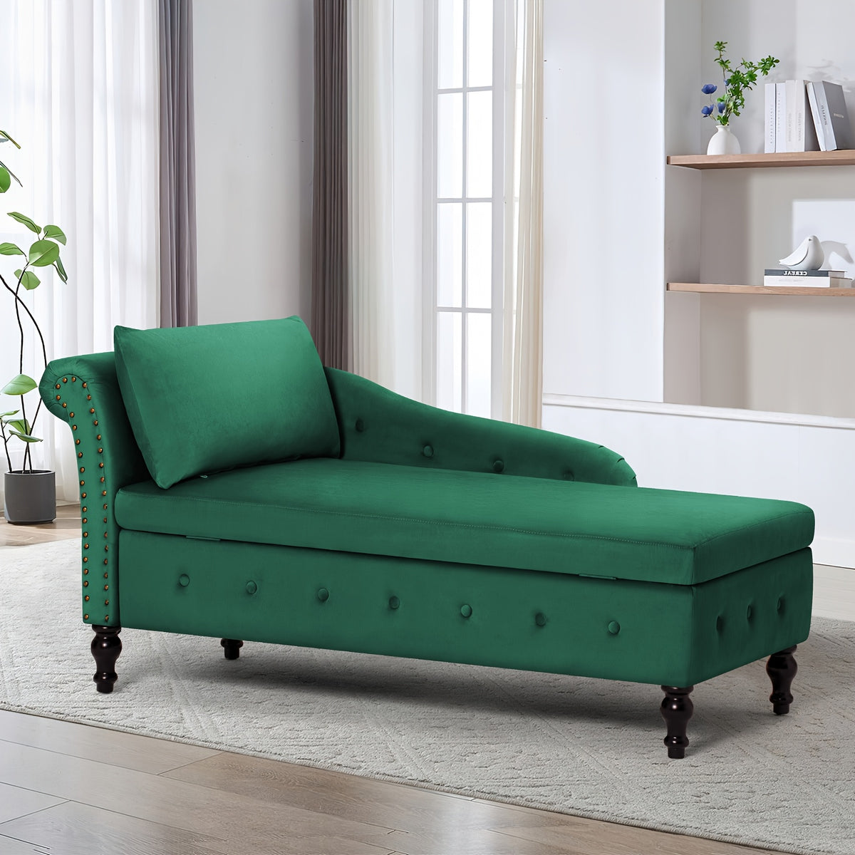 ACMEASE Classic Nailhead Trim Velvet Storage Chaise Lounge 57", Upholstered Chaise Sofa With Pillow & Turned Wood Legs For Living Room Decor