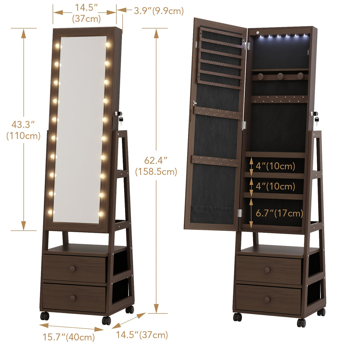 Jewelry Armoire Cabinet Organizer Standing with 20 LED Lights Lockable Full Length Mirror with Storage Shelves And 2 Drawers (White) Adjustable Tilt Angles Gift for Her, Jewelry Armoires