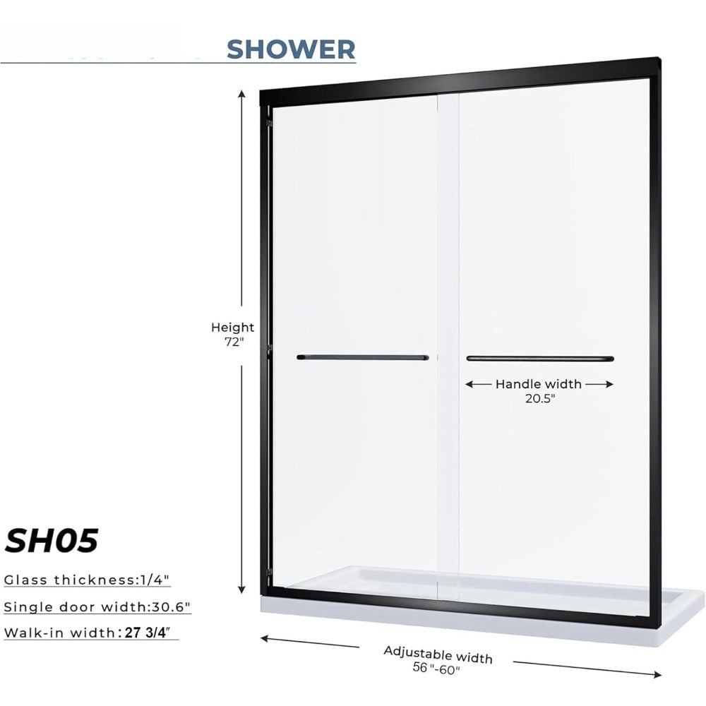 56-60" W X 72" H Double Sliding Shower Door - 1/4" (6Mm) ANSI/SGCC Tempered Glass | Matte Black/Brushed Nickel Aluminum Frame And Stainless Steel Handles