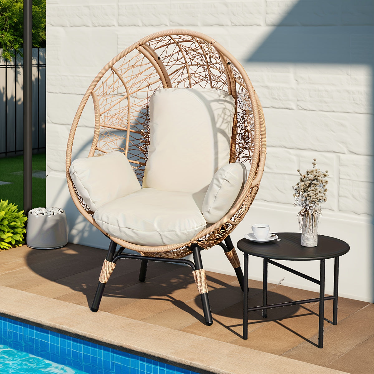Outdoor Egg Chair Wicker Oversized Egg Basket Chair With Stand Lounger Chairs With Cushion 500lbs Capacity For Patio Garden Backyard Balcony