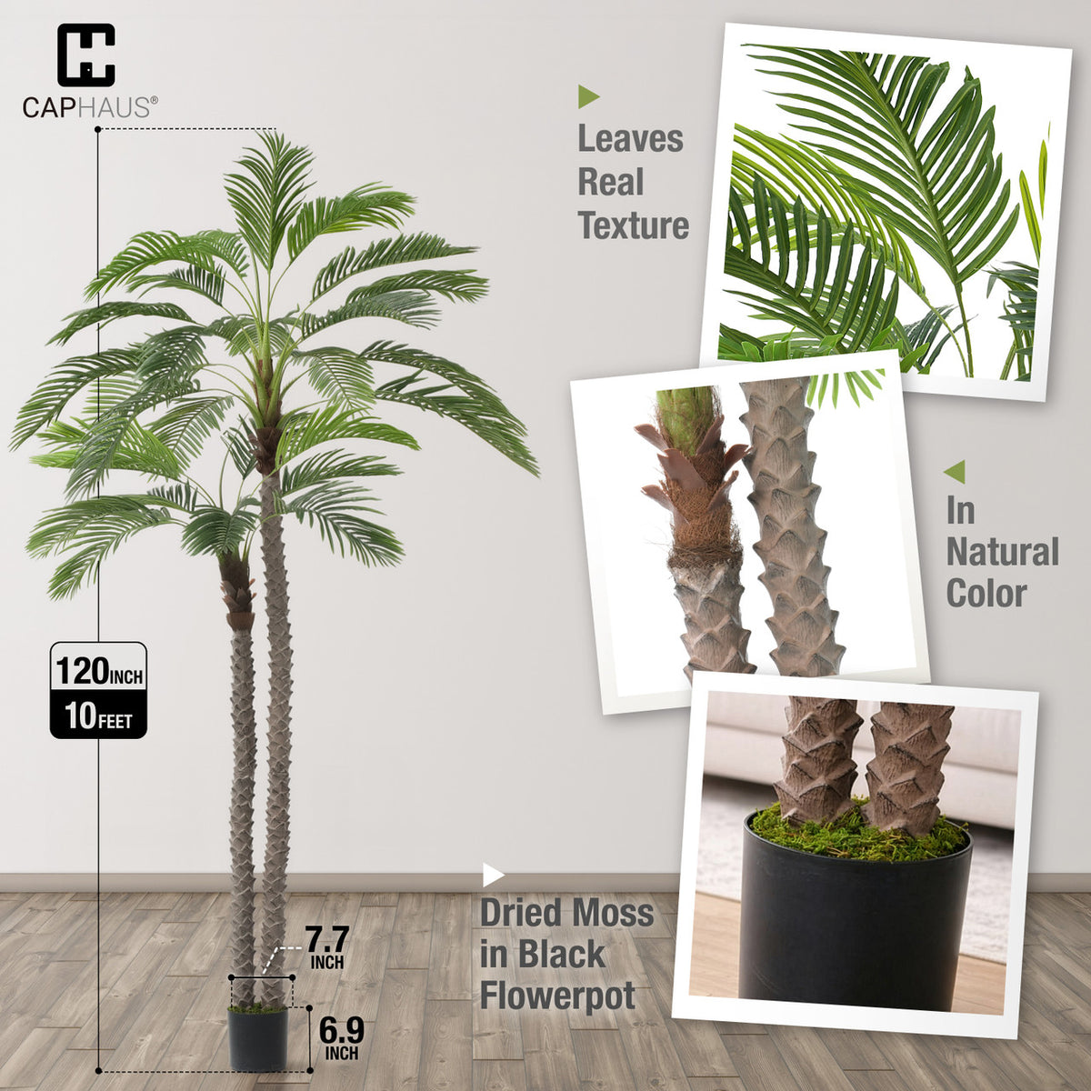 CAPHAUS 10FT Artificial Phoenix Palm Tree, Double Stem Faux Palm with Black Pot, Realistic Fake Plant for Indoor Outdoor Home Office Patio Décor, Low Maintenance Large Artificial Palm Tree