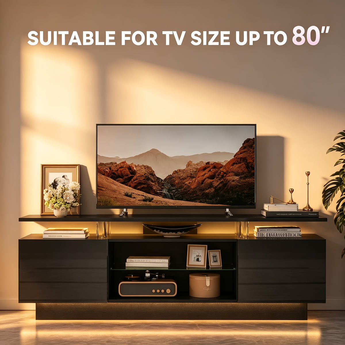 72"/82" High-Glossy TV Stand With 2 Side Cabinets, Modern Stylish TV Console With 3 Layer LED Lights, Gaming TV Media Console With Adjustable Glass Shelf, Black