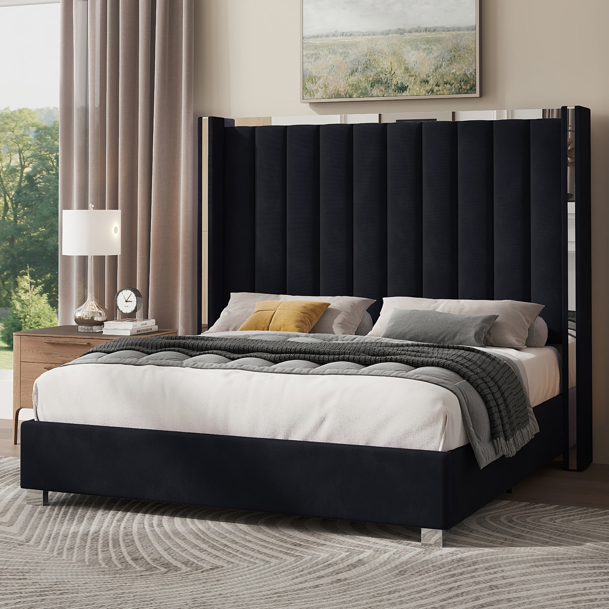 LUXOAK Velvet Upholstered Platform Bed with 58" Tall Channel Tufted Wingback Headboard, Plating Trim & No Box Spring Needed