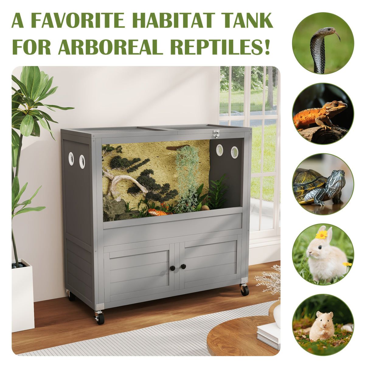 [Reptile Terrarium Stand] 50 Gallon Reptile Terrarium Stand, Adjustable Storage Cabinet, Wheels & Metal Mesh Roof Door, Reptile Habitat Enclosure for Snake/Lizard/Gecko/Tortoise