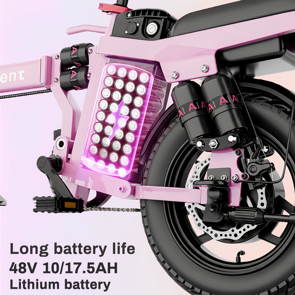 [Hisent New Upgraded Foldable Electric Bike]Rated Power: 500W, 48V 10AH-17.5AHLithium Battery, Range: 12-35 Miles (optional); Speed: 19.9 Miles Per Hour; 14-inch Tires, Available In Basic And Shock-absorbing Models; Suitable for Commuting