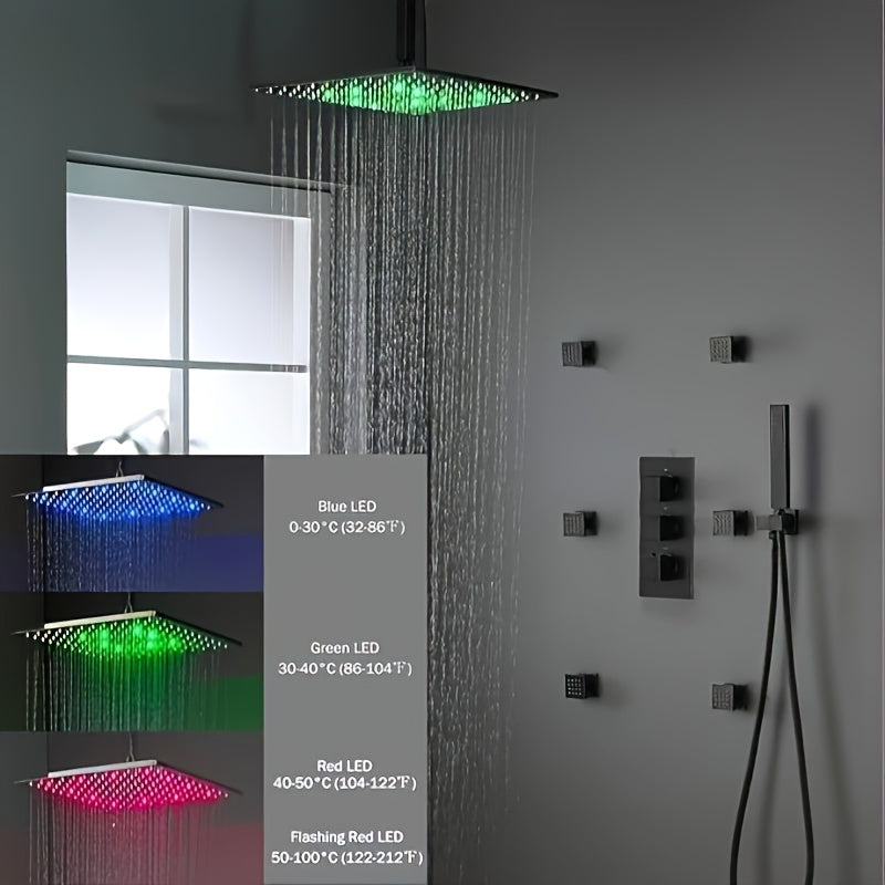 Modern Matte Black Thermostatic Shower System with LED Rainfall Head & Temperature Control - Wall-Mounted Stainless Square Faucet Combo, Massage Function for Bathing (Faucet and Shower Head) - Luxury Bath Suite