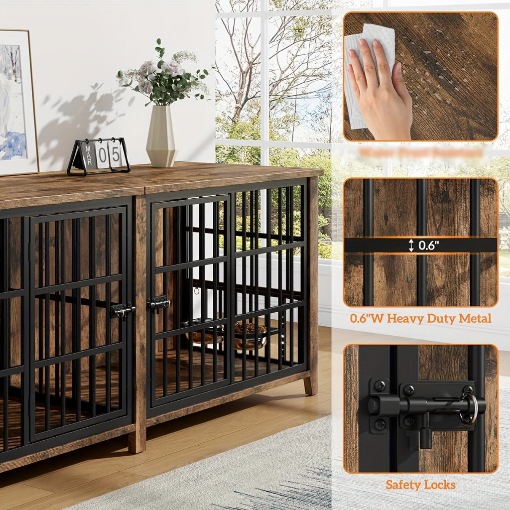 75/36/30in Furniture-Style Dog Crate with 360° Rotating Bowls, Adjustable Height, Safe Lock, Easy to Clean, Available In Gray/Brown, M, L, XL Sizes for One Or Two Dogs, Ideal for Home, Living Room Or Bedroom