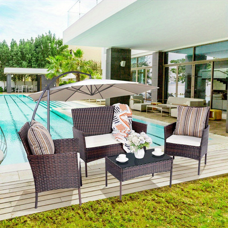 PUPATIOB 4pcs Wicker Patio Conversation Set, Outdoor Rattan Sofas with Table Set, Patio Furniture Set with Soft Cushions & Tempered Glass Coffee Table for Poolside Balcony