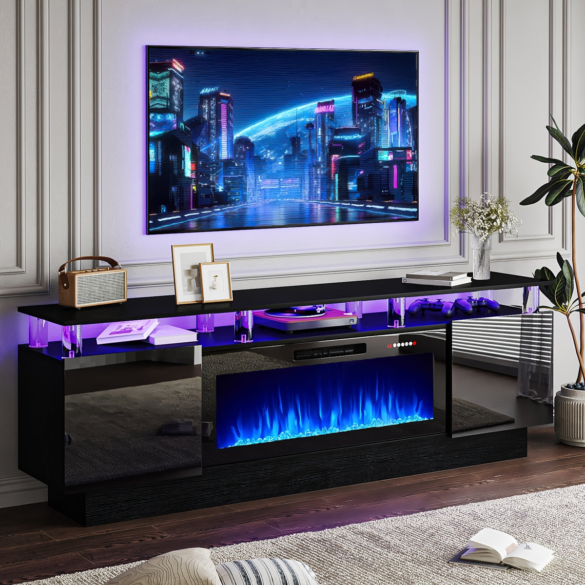Fireplace TV Stand with 36-Inch Electric Fireplace, 70-Inch LED Light Entertainment Center with High Gloss Cabinet, 2-Tier Modern Wood Media TV Console for Living Room